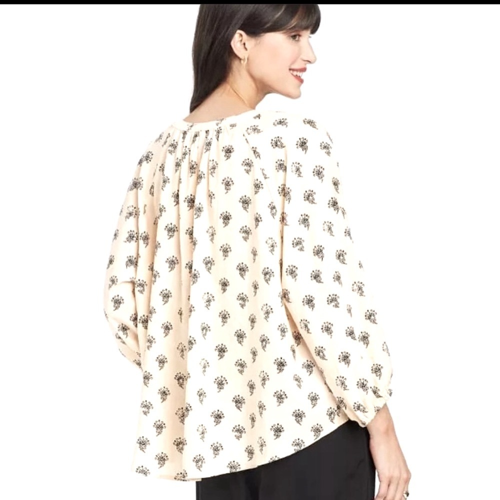 A NEW DAY Tie neck Linen blouse cream and black Bohemian Femenine Western - Picture 4 of 16
